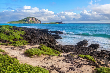Fototapeta na wymiar waves breaking on rocks close to Macapuu beach, Oahu, Hawaii