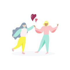 Two dancing women are holding hands in love and dancing. Vector illustration in a flat style and gentle pastel colors. Sex minority concept. lesbians