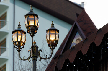 Fototapeta na wymiar A lamppost with burning lamps.