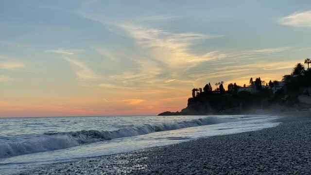 Mediterranean sea horizont while the golden hour sunset in Nerja, M&aacute;laga
