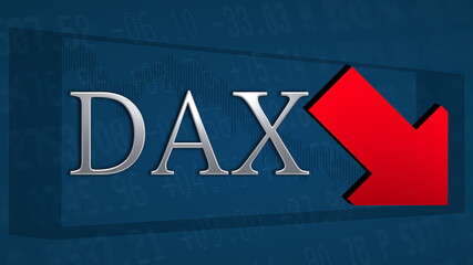 The German blue chip stock market index Dax is trading lower. A red tilted arrow symbolizes a bearish scenario. The silver DAX title on a blue background with the arrow indicates a price drop.