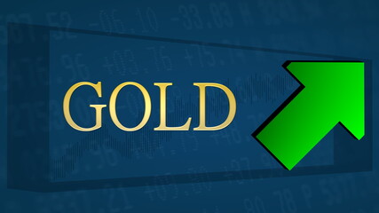 The price of the commodity gold is trading higher. A green tilted arrow symbolizes a bullish scenario. The golden title on a blue background with the arrow indicates a price rise.