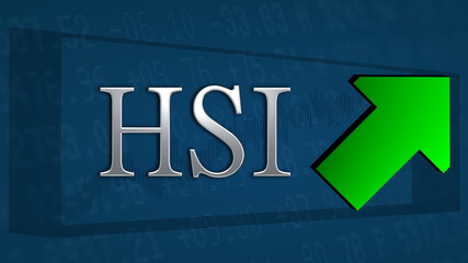 The Hong Kong stock market index Hang Seng Index or HSI is trading higher. A green tilted arrow symbolizes a bullish scenario. The silver HSI title appears on a blue background.