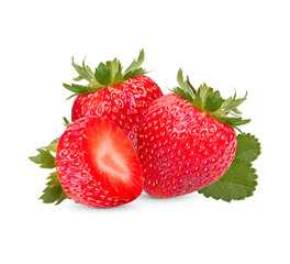 Fresh strawberries with leaves isolated on white background
