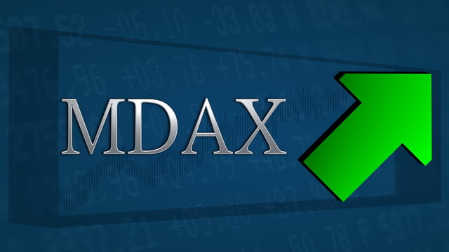 The German stock market index MDAX is trading higher. A green tilted arrow symbolizes a bullish scenario. The silver MDAX title on a blue background with the arrow indicates a price rise.