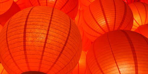 Hanging lanterns made of red paper to decorate the Chinese New Year. Help create a bright and serene atmosphere © yiam