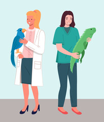 Obraz premium Veterinary care. Veterinarian doctor male character in medical office, woman holding big blue parrot in hands, young girl nurse with uguana. Visit to the vet clinic to check the health of the animal