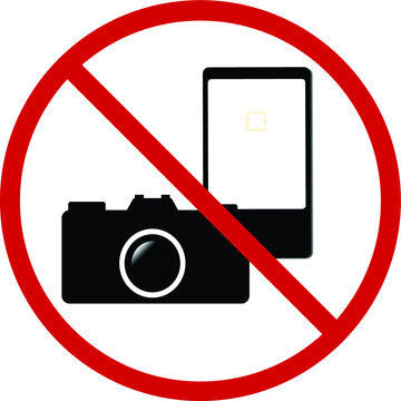 Photography, video and pictures prohibited and forbidden. Camera and cellphone NO red circle with slash on white base and transparent background.
