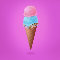 Double Scoop Ice Cream on Waffle Cone on Pink Background