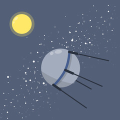 Obraz na płótnie Canvas Satellite in space orbiting the earth. Soviet Sputnik. Moon and milky way. Exploration of universe and galaxy. first flight into space. Modern technology. Cartoon flat illustration