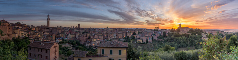 Fototapeta na wymiar Panorama of Siena old town at sunrise, a medieval and Renaissance city in Tuscany, Italy, with Mangia tower, church, old houses and palaces on a green hill