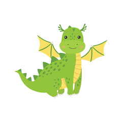 Cute cartoon green little dragon, isolated vector illustration