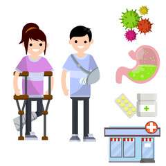 Man and woman with broken arm and leg. Bandage, crutch. Illness and injury. Set of medical subjects. Cartoon flat illustration