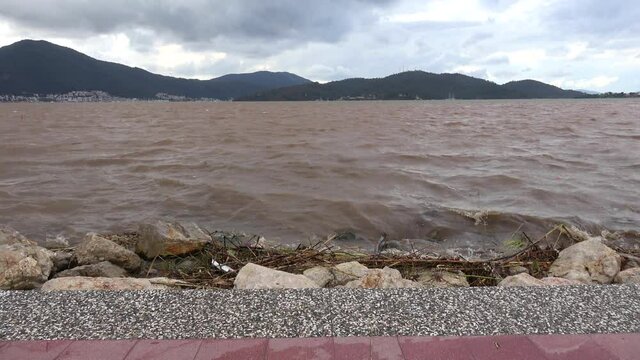 Fethiye, Turkey - 29th of January 2021: 4K Fagots and view on the very dirty sea waters
