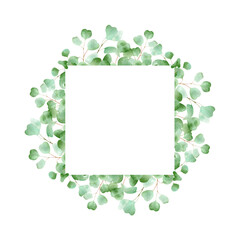 Square frame with eucalyptus leaves. Floral  watercolor illustration with green leaf and branches