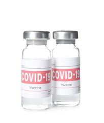 Vials with vaccine against coronavirus on white background