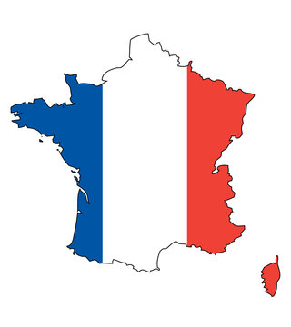 France map with flag - outline of french state with a national flag, white background, vector