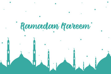 Ramadan Kareem greeting with mosque and hand drawn calligraphy lettering on night cityscape background. Vector illustration eps 10.