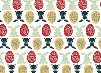 Easter seamless patterned illustration with funny rabbits and eggs.