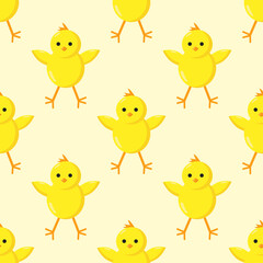 Happy Easter seamless pattern with yellow chicken and eggs. Spring season holidays quotes and phrases for cards, banners, posters, mug, scrapbooking, pillow case, phone cases and clothes design. 