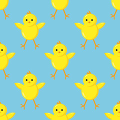 Happy Easter seamless pattern with yellow chicken and eggs. Spring season holidays quotes and phrases for cards, banners, posters, mug, scrapbooking, pillow case, phone cases and clothes design. 