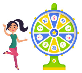 Game fortune wheel. Girl playing risk game with fortune wheel and lottery. Casino and gambling vector. Illustration of casino fortune, wheel winner game. Woman won, joyfully raised her hands up