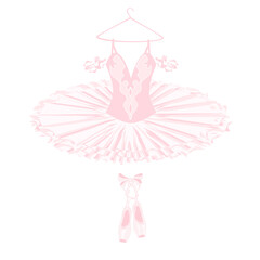 Ballerinas tutu lacedress, pointe shoes, dancing and theatre clothing, vector ballet