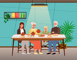 People are eating russian food outdoors. Relatives have dinner with borscht in the restaurant. Characters taste traditional dishes flat vector illustration. Dining table with pancakes and buns