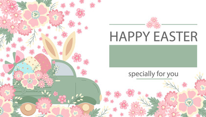 Easter car with bunny ears and painted eggs, flowers. Cute vector in pastel colors. White background. For covers, flyer, postcard, banner, sale, scrapbooking, notebooks etc.