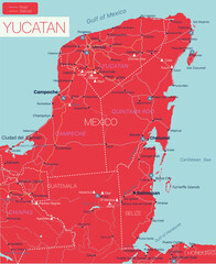 Yukatan peninsula detailed editable map with regions cities and towns, roads and railways, geographic sites. Vector EPS-10 file - obrazy, fototapety, plakaty