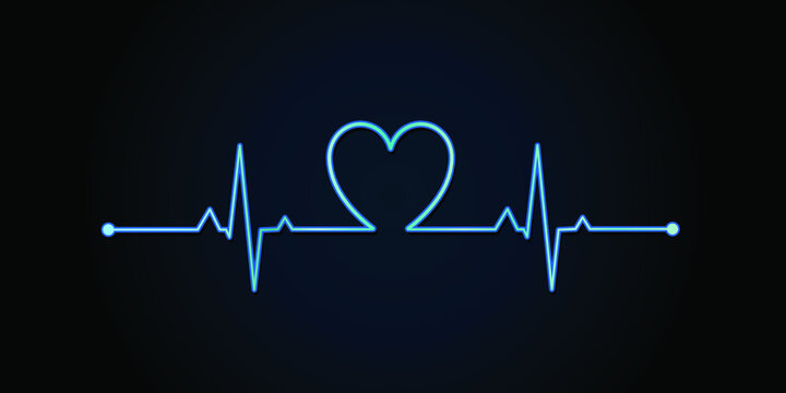 Heart beat neon vector illustration. Blue glowing neon heart pulse illustration.