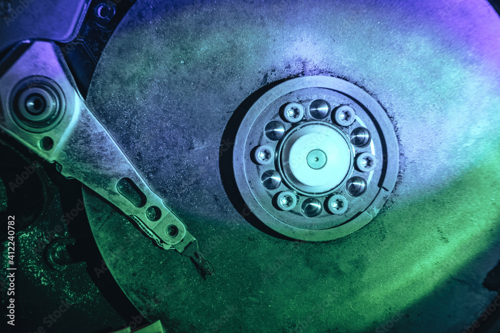 Poster Close up beautiful open detail frozen hard disk. Concept protection information or save user data.