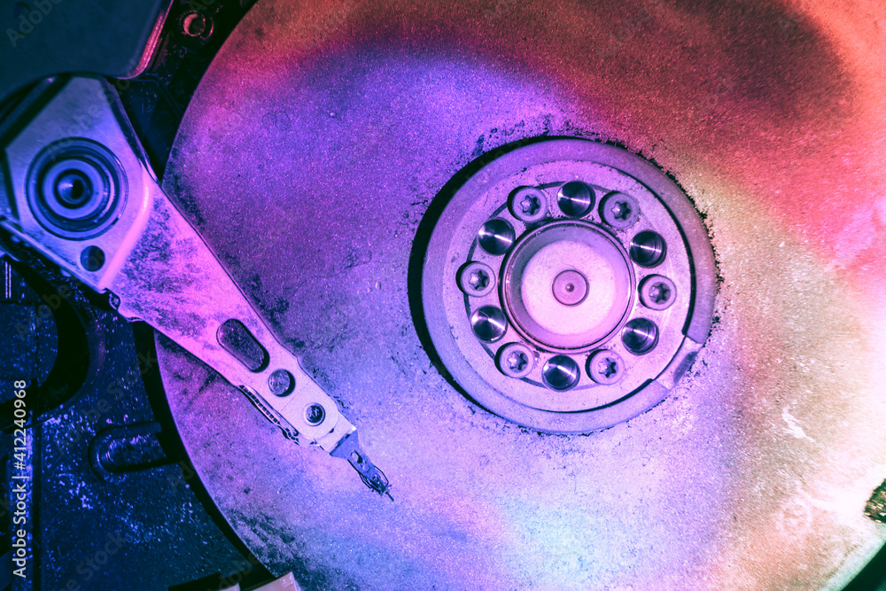 Poster Close up beautiful open detail frozen hard disk. Concept protection information or save user data.