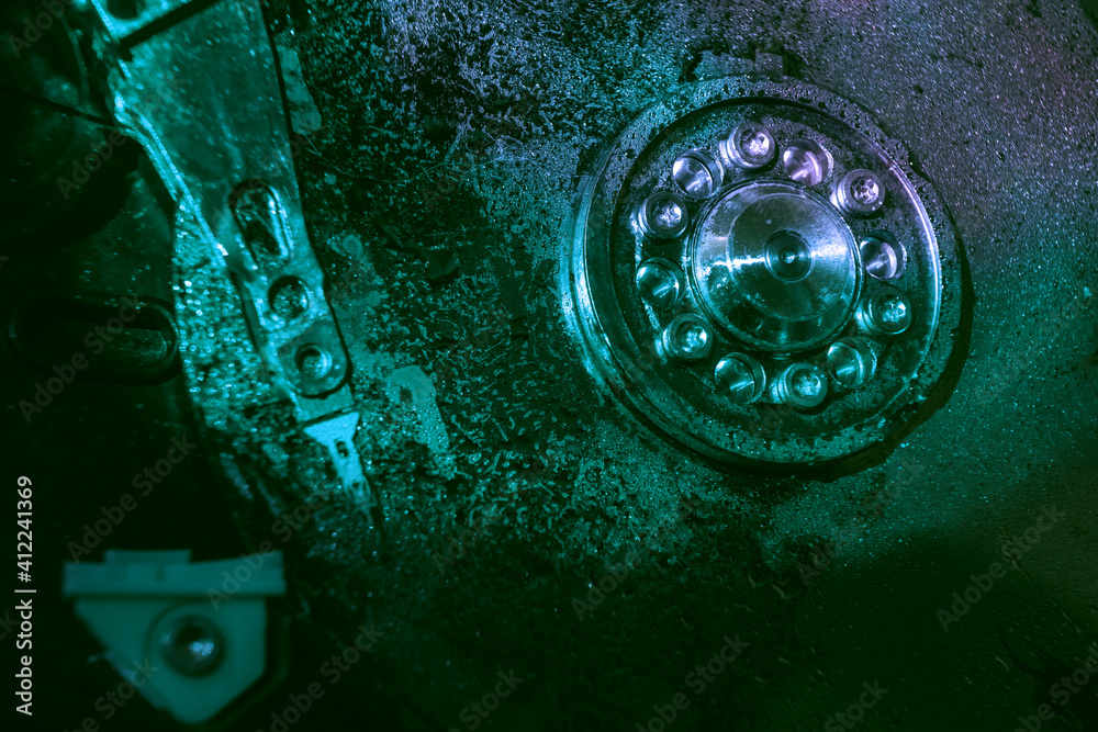 Poster Close up beautiful open detail frozen hard disk. Concept protection information or save user data.