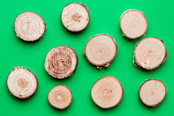 pieces of wood on green background