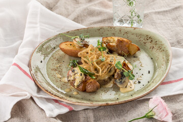 Baked potato with champignon mushrooms on green plate on the table
