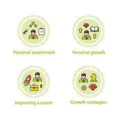 Fototapeta premium Personal growth concept icons set. Consists of growth zone, enhancing lifestyle, identifying potential, spiritual identity etc. Vector isolated conception metaphor illustrations