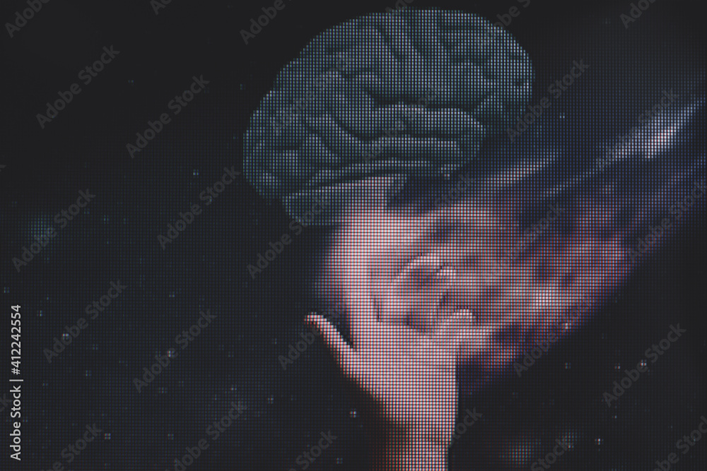 Poster human holding brain in palm. mixed media. macro photography view. close-up of pixel.