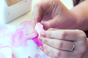 Step by step master-class workshop, handicraft guide, top view on making hair jewelry with Artificial Rose Flowers from foam, EVA spongy material, foamiran, Foma.