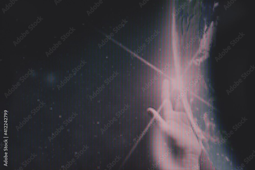 Poster Forefinger touches a earth pixel in infinite space. Concept matrix universe.  Macro  photography view. Close-up of pixel.