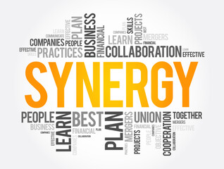 Synergy word cloud collage, business concept background