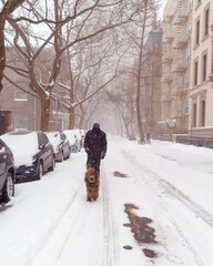 man in face mask walking with dog during a snow storm in brooklyn, new york