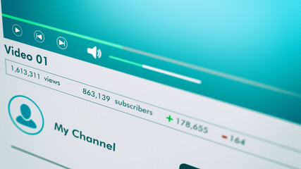 close-up view of a computer monitor, video channel template with increase of views and subscribers, light theme (3d render)
