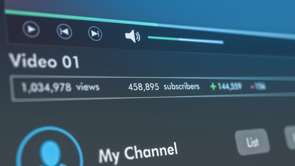 close-up view of a computer monitor, video channel template with increase of views and subscribers, dark theme (3d render)