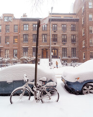 bicycle in front of Brownstone houses, Brooklyn, New York, snow storm, winter