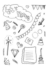 Hand drawn, doodle party set isolated on pink background.Sketch icons for invitation, flyer, poster.
