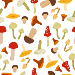 Vector mushroom pattern, forest wildlife illustrations, chanterelle, flywheel, boletus, toadstool, fungus. Seamless modern pattern. Autumn textile pattern