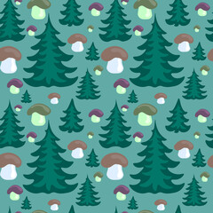Fototapeta premium spruce forest with mushrooms hand-painted seamless pattern