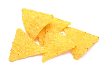 Fototapeta premium Crispy golden corn tortilla chips isolated on white background, delicious snack food for parties and gatherings