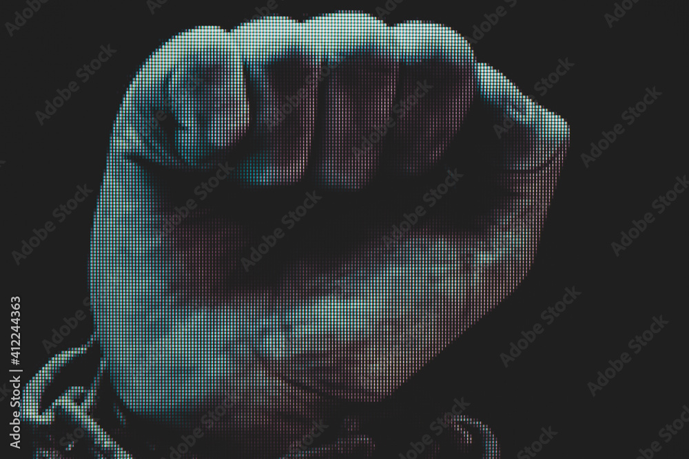 Poster human hand are chained in chains isolated on black background. macro photography view. close-up of p
